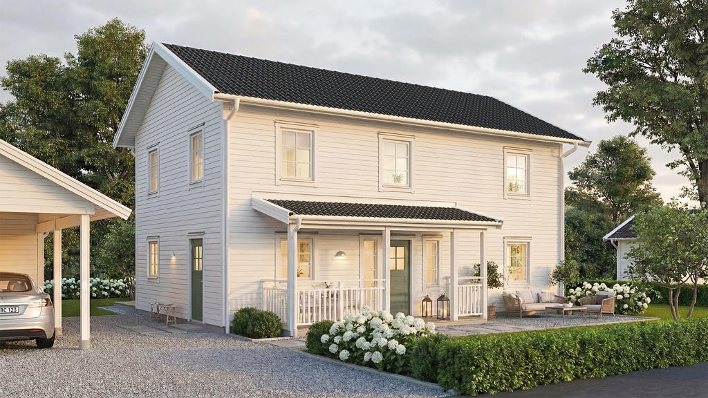 Visualisering av vitt 2-planshus i lösvirke i traditionell stil